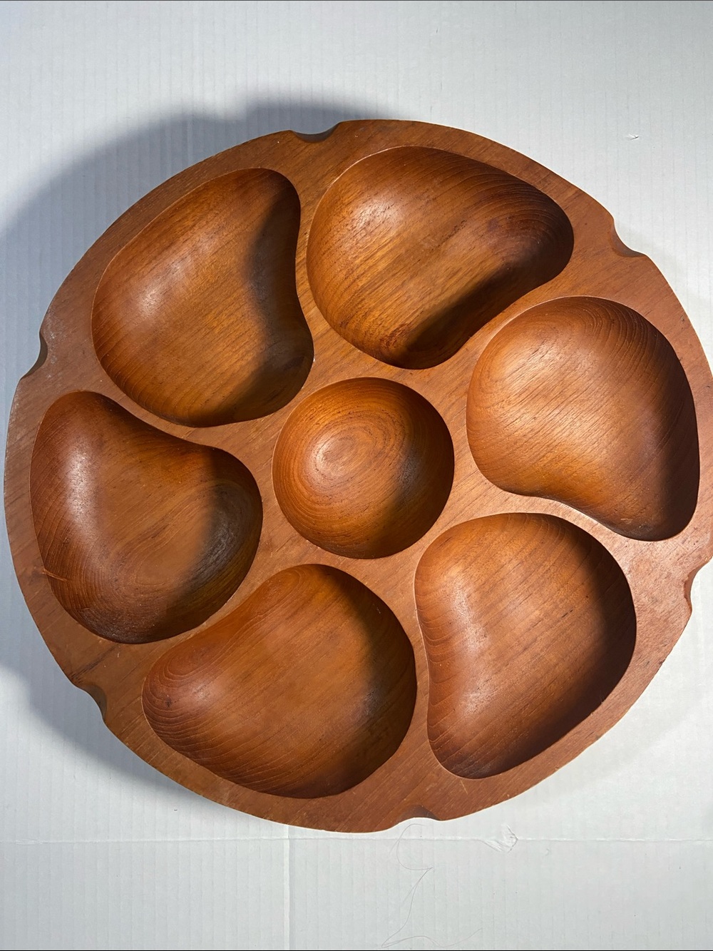 Vintage MCM hand-carved teak wood seven-compartment Lazy Susan tray.